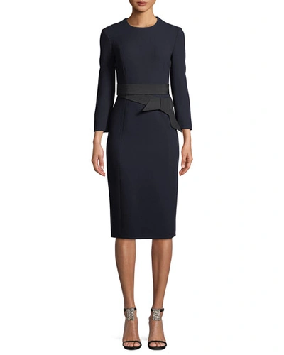 Atelier Caito For Herve Pierre Jewel-neck 3/4-sleeve Belted Silk Faille Fitted Cocktail Dress In Black/blue