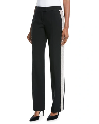 Michael Kors Mid-rise Straight-leg Crepe Sable Trousers W/ Crystal Tux Stripe In Black