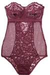 Else Petunia Cutout Underwired Stretch-mesh And Corded Lace Bodysuit In Plum