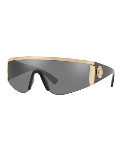 Versace Men's Plastic Mirror Shield Sunglasses With Metallic Trim In Gold