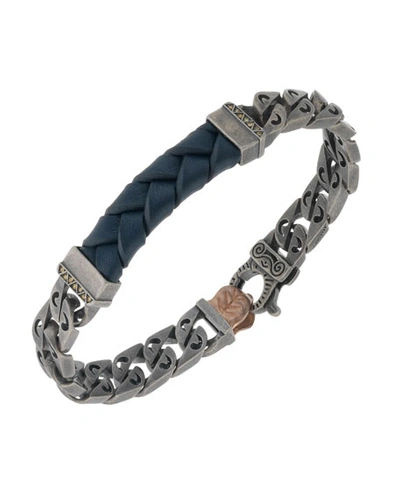 Marco Dal Maso Men's Woven Leather/silver Chain Bracelet W/ 18k Gold-plated Clasp, Blue