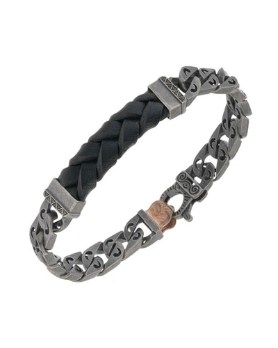 Marco Dal Maso Men's Woven Leather/silver Chain Bracelet W/ 18k Gold-plated Clasp, Black