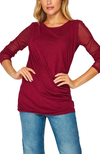 Bluegrey Ruched Side Three Quarter Sleeve Top In Burgundy