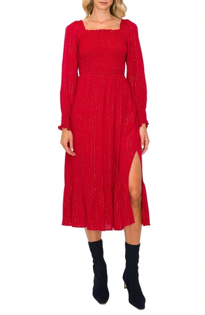 Melloday Metallic Stripe Long Sleeve Smocked Midi Dress In Red
