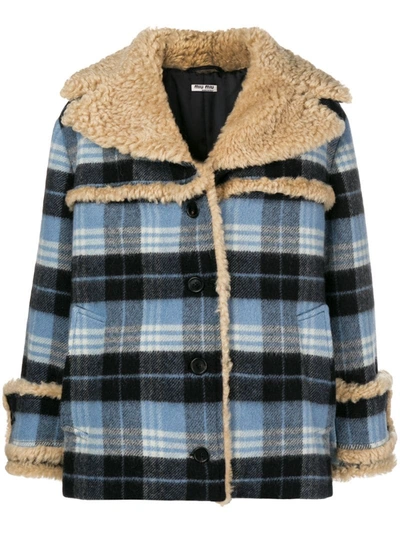 Miu Miu Shearling-trimmed Checked Wool-blend Flannel Jacket In Fnube