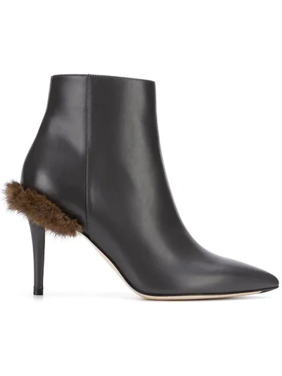 Fendi Brown Fur-trimmed Leather Ankle Boots In Grey