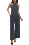 Nina Leonard Twist Halter Knit Jumpsuit In Graphite