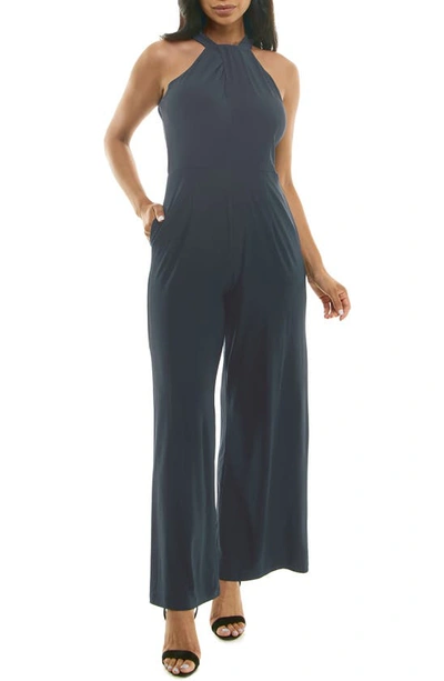 Nina Leonard Twist Halter Knit Jumpsuit In Graphite