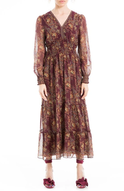 Max Studio Floral Long Sleeve Maxi Dress In Wine Multi