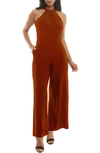 Nina Leonard Twist Halter Knit Jumpsuit In Rust