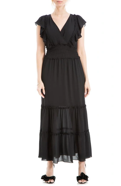 Max Studio Pebble Crepe Flutter Sleeve Maxi Dress In Black