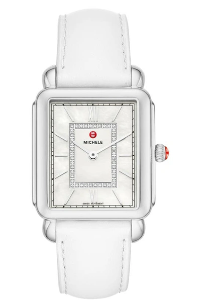 Michele Deco Ii Diamond Leather Strap Watch, 30mm In Silver
