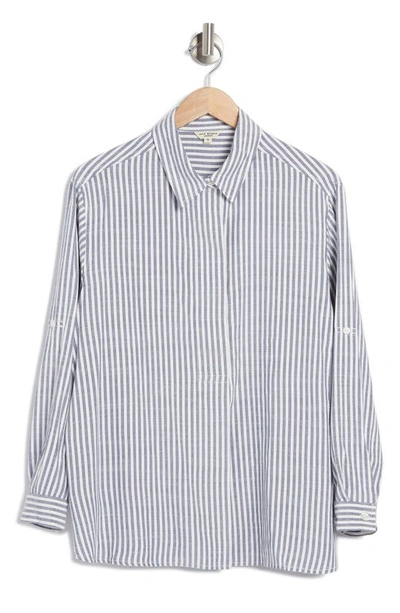 Max Studio Stripe Popover Button-up Tunic In Indigo/ Black Framed Stripe