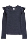 Nordstrom Kids' Rib Shoulder Ruffle Long Sleeve T-shirt In Navy Peacoat Jesse Stripe