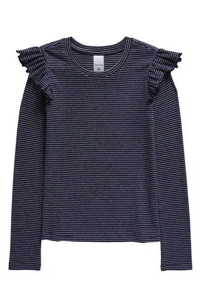 Nordstrom Kids' Rib Shoulder Ruffle Long Sleeve T-shirt In Navy Peacoat Jesse Stripe