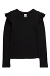 Nordstrom Kids' Rib Shoulder Ruffle Long Sleeve T-shirt In Black