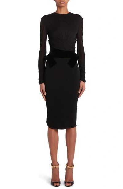 Tom Ford Wrap Detail Mixed Media Long Sleeve Cocktail Dress In Black