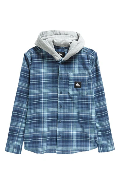 Quiksilver Kids' Haldon Plaid Long Sleeve Hooded Button-up Shirt In Bering Sea