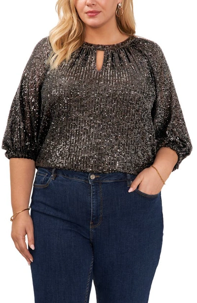 Vince Camuto Sequin Keyhole Top In Charcoal Black