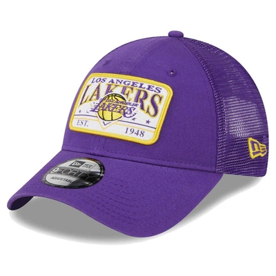 New Era Purple Los Angeles Lakers Plate Oversized Patch Trucker 9forty Adjustable Hat