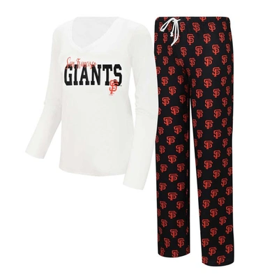 Concepts Sport Women's  White, Black San Francisco Giants Long Sleeve V-neck T-shirt And Gauge Pants In White,black