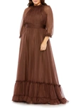 Fabulouss By Mac Duggal Long Sleeve Tiered Gown In Chocolate