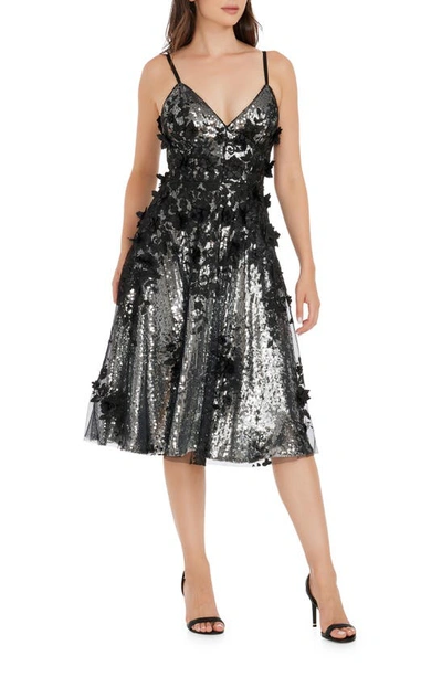 Dress The Population Tahani Sequin Floral Appliqué Cocktail Dress In Silverlack