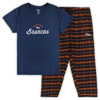 Concepts Sport Women's  Navy Denver Broncos Plus Size Badge T-shirt And Flannel Pants Sleep Set