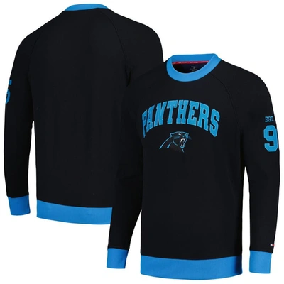 Tommy Hilfiger Black Carolina Panthers Reese Raglan Tri-blend Pullover Sweatshirt In Black,blue