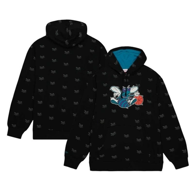 Mitchell & Ness Black Charlotte Hornets Hardwood Classics Allover Print Pullover Hoodie