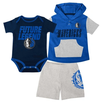 Outerstuff Babies' Infant Boys And Girls Navy, Blue, Gray Dallas Mavericks Bank Shot Bodysuit, Hoodie T-shirt And Short In Navy,blue