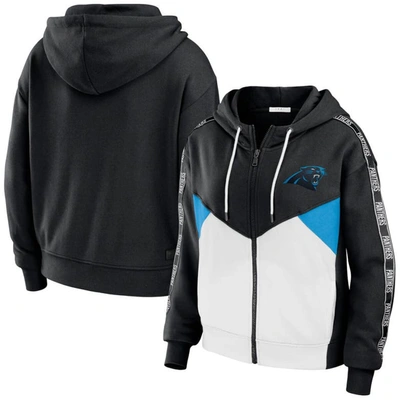 Wear By Erin Andrews Black/white Carolina Panthers Color Block Light Weight Modest Crop Full-zip Hoo In Black,white