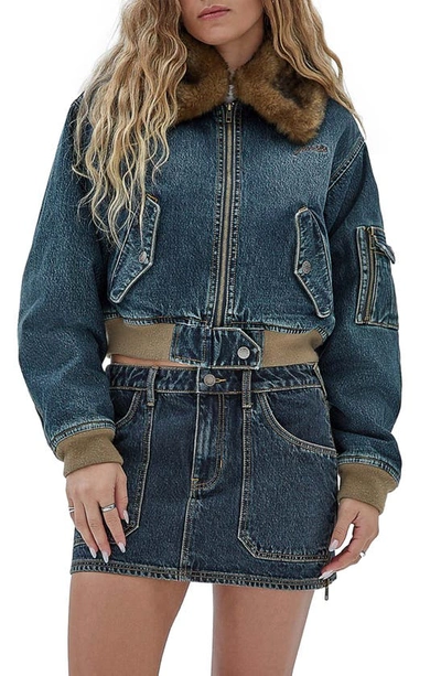 Guess Originals Go Denim Bomber Jacket With Faux Fur Collar In