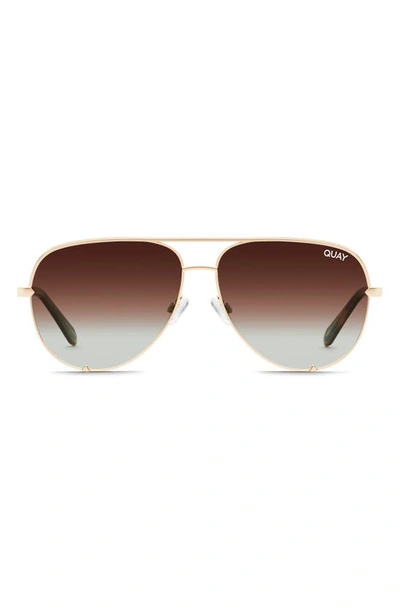 Quay High Key 50mm Micro Aviator Polarized Sunglasses In Gold/ Brown Fade Polarized