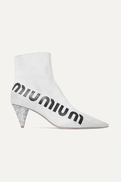 Miu Miu Logo-print Glossed Cracked-leather Ankle Boots In White/black