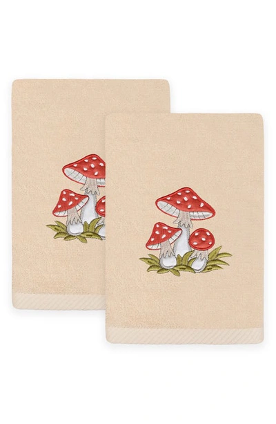 Linum Home Textiles Set Of 2 Spring Mushrooms Embroidered Turkish Cotton Hand Towels In Sand