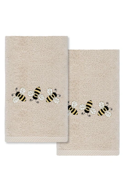 Linum Home Textiles Set Of 2 Bee Dance Embroidered Turkish Cotton Hand Towels In Sand
