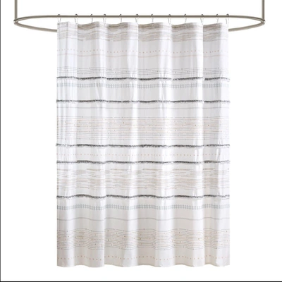 Home Outfitters Off White/gray 100% Cotton Printed Shower Curtain With Trims 72" W X 72" L, Shower Curtain For Bathr