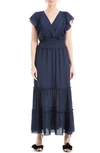 Max Studio Pebble Crepe Flutter Sleeve Maxi Dress In Navy