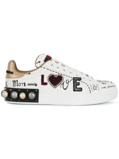 Dolce & Gabbana Printed Calfskin Portofino Sneakers With Patch And Embroidery In 8sbianco/oro Antico