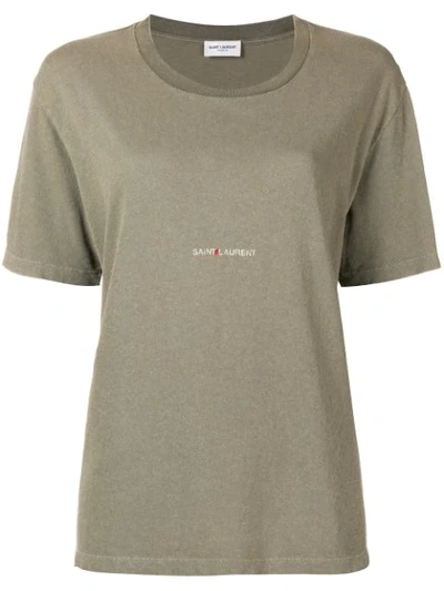 Saint Laurent Small Logo Tee In Army Grey & Beige In Green