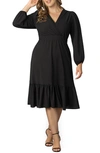 Kiyonna Pprtia Long Sleeve Midi Faux Wrap Cocktail Dress In Black Noir