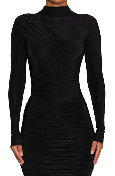Naked Wardrobe Drama Ruched Long Sleeve Ribbed Body-con Midi Dress In Black