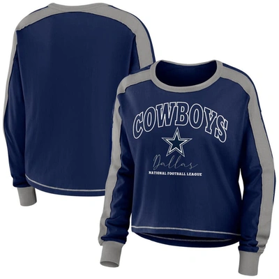 Wear By Erin Andrews Navy/silver Dallas Cowboys Color Block Modest Crop Long Sleeve T-shirt