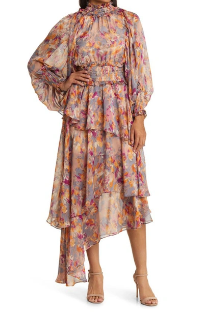 Elliatt Astrid Floral Long Sleeve Midi Dress In Orange Multi