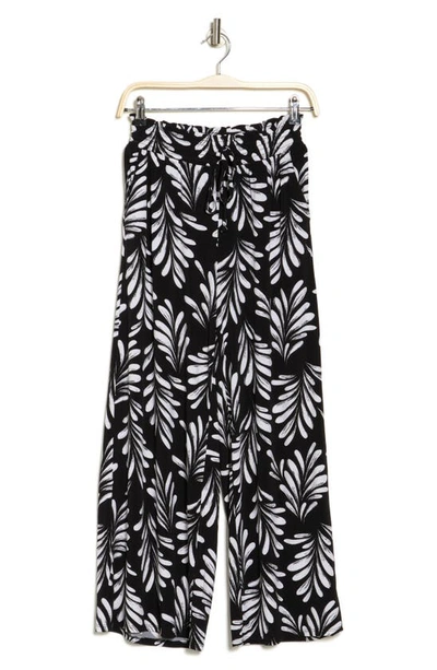 Ellen Tracy Palm Outline Smocked Crop Pants In Black Leaf