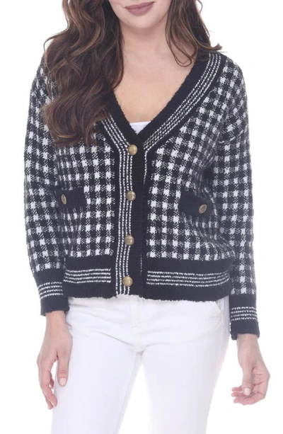 Rain And Rose Check Print Button Front Bouclé Cardigan In Black