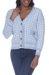 Rain And Rose Check Print Button Front Bouclé Cardigan In Light Blue