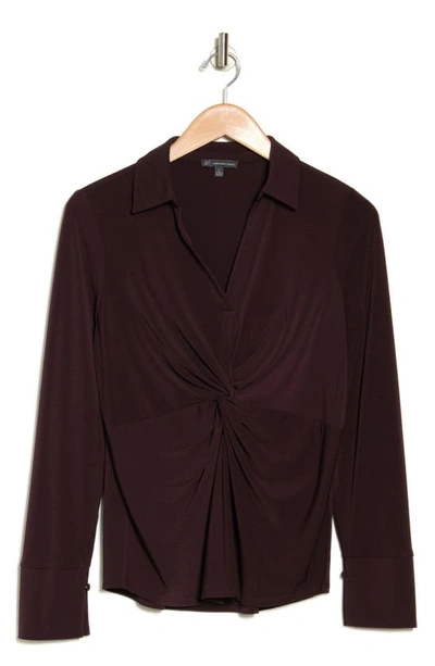 Adrianna Papell Twist Front Long Sleeve Crepe Top In Chocolate