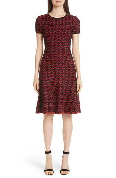 St John Floral Blister Jacquard Knit Fit-and-flare Dress In Red